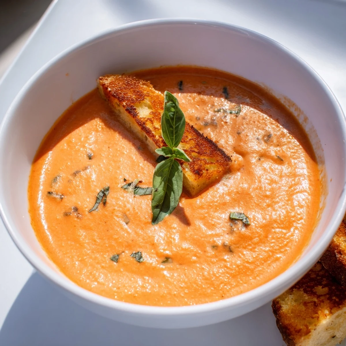 Creamy Tomato Basil Bisque with Grilled Cheese Soldiers, garnished with fresh basil and served in white bowls for a comforting meal.