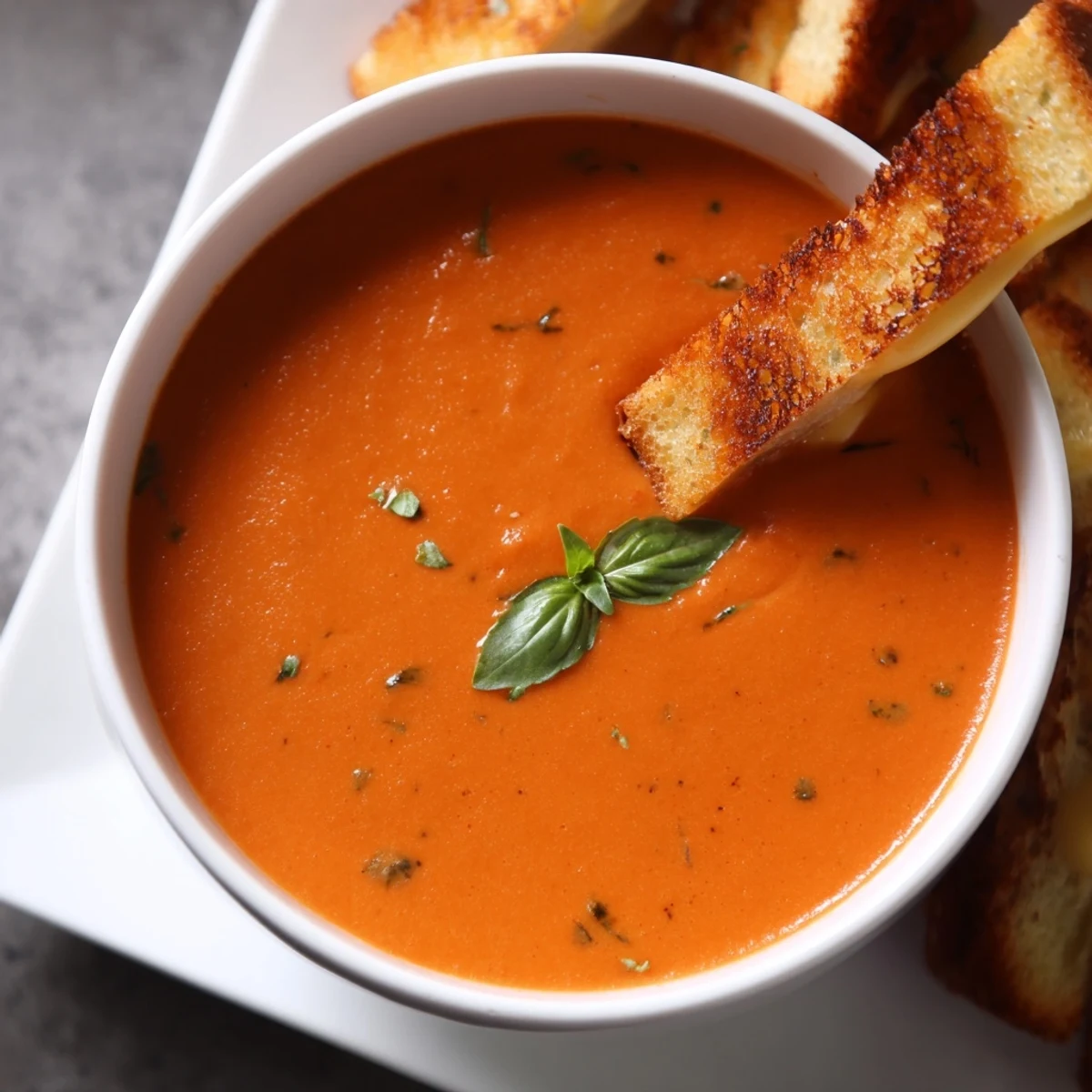 Ladle of velvety tomato soup with fresh basil beside golden grilled cheese soldiers, perfect for dipping into the warm bisque.