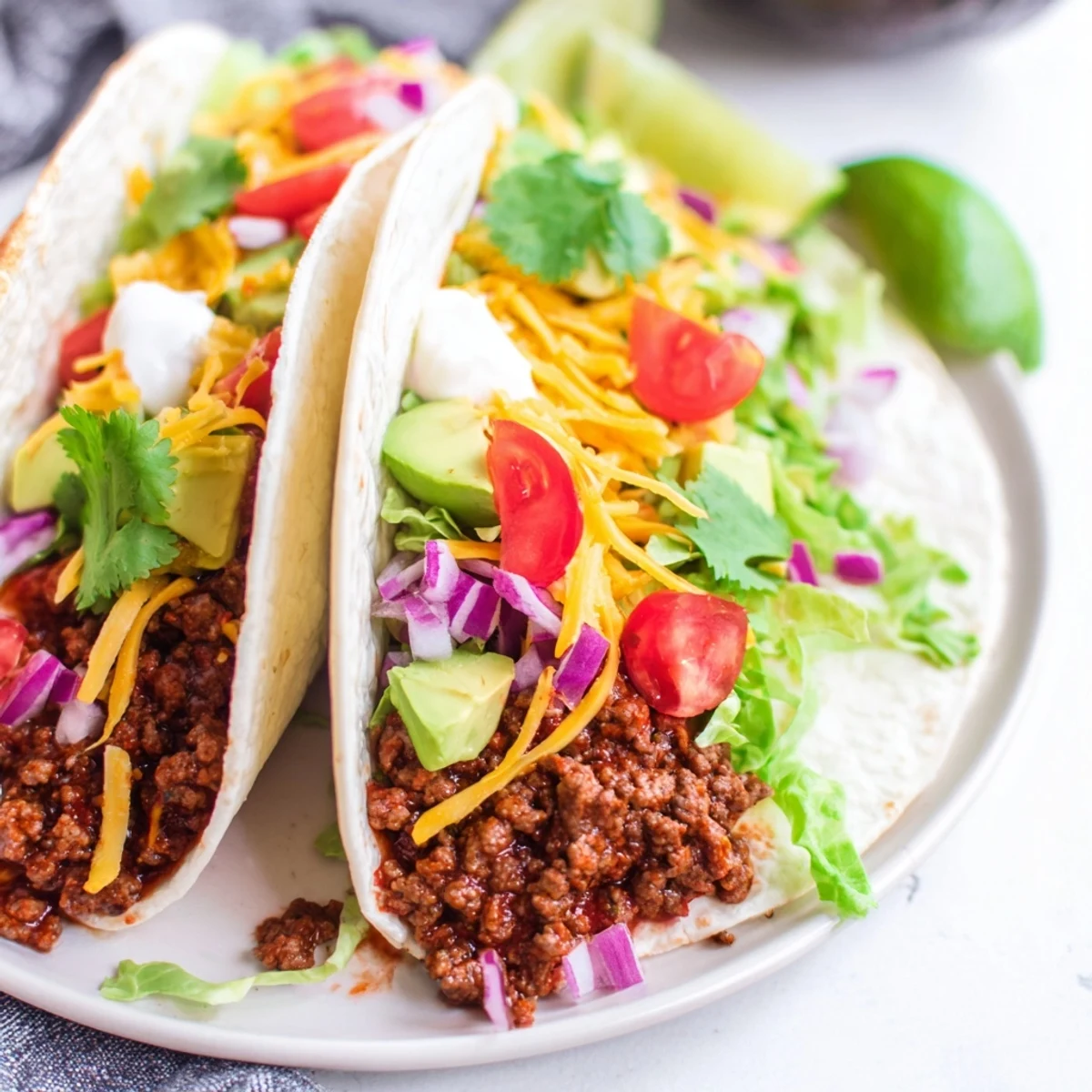 Juicy seasoned ground beef tucked into warm soft tortillas, garnished with crisp lettuce, diced tomatoes, and melty cheddar cheese for a classic taco night.  