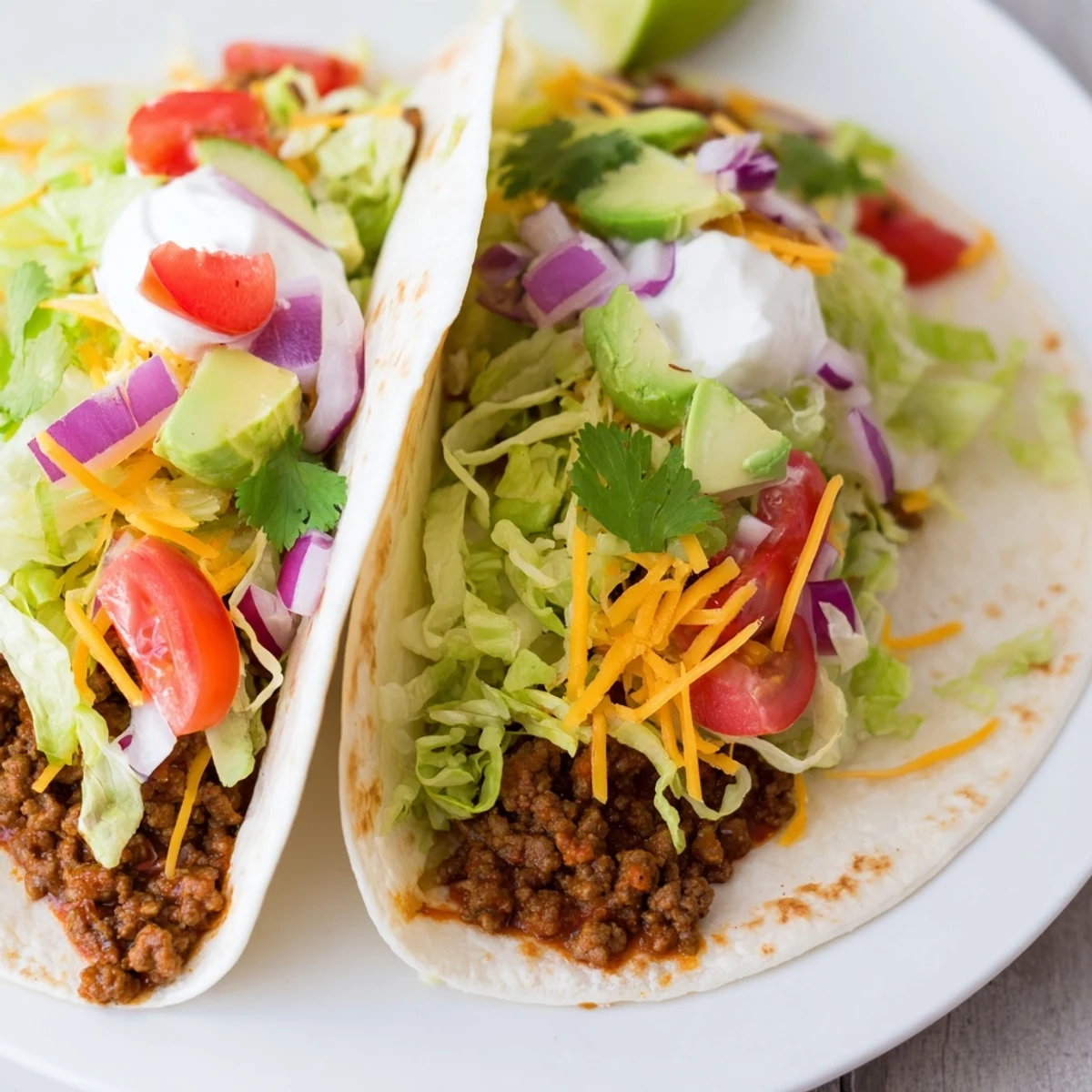 Classic beef tacos with soft tortillas, loaded with shredded lettuce, cheese, and avocado slices, served hot with lime wedges for squeezing.