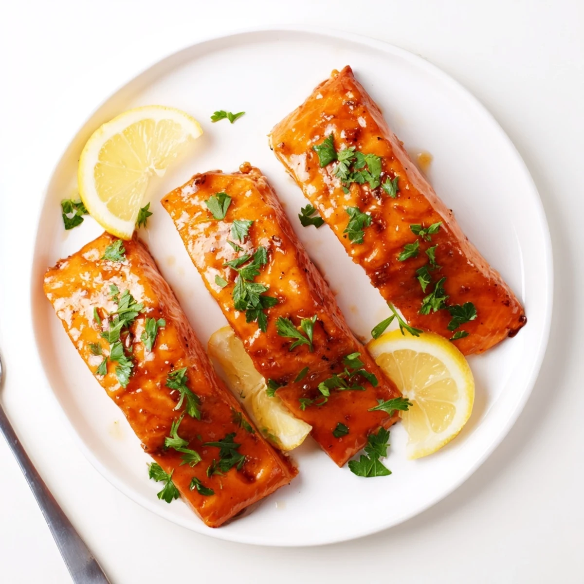 Perfectly baked salmon fillets brushed with a sweet and sticky maple glaze, garnished with fresh parsley.