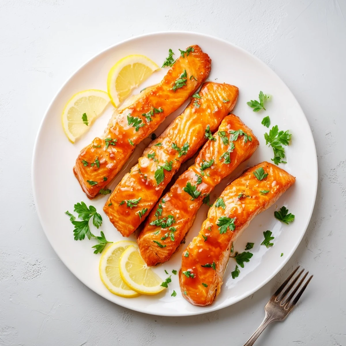 Maple glazed salmon fillets on a baking sheet, highlighting the rich glaze and flaky texture.