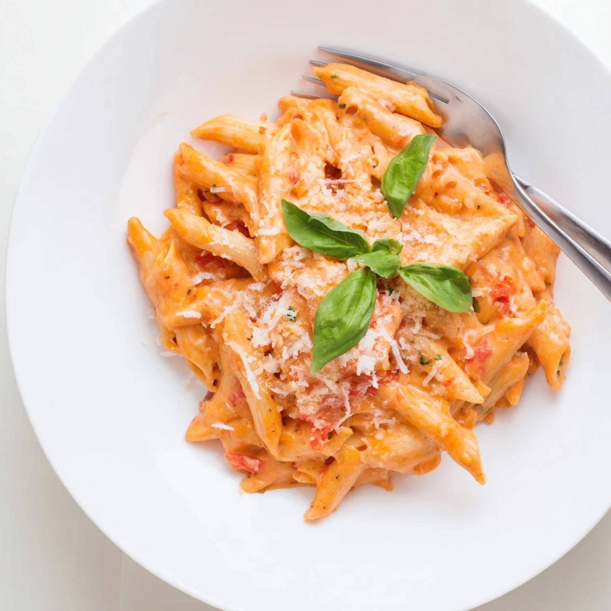 Creamy Tomato Basil Pasta served in a shallow white bowl, garnished with fresh basil leaves and a generous sprinkle of grated Parmesan.