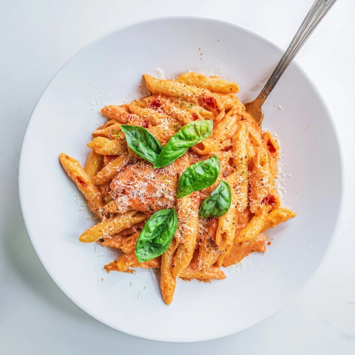 Steaming plate of Creamy Tomato Basil Pasta, featuring a vibrant red sauce, fresh green basil, and extra Parmesan on top.