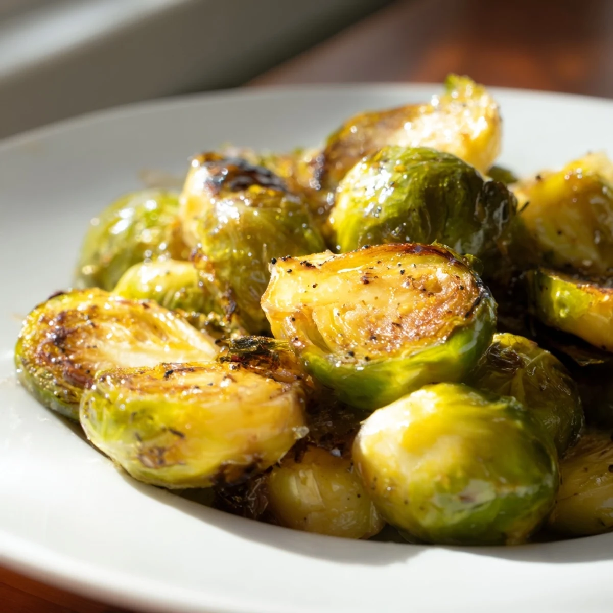 Golden roasted Brussels sprouts glistening with honey and tangy balsamic vinegar, served warm as a perfect savory-sweet side dish.