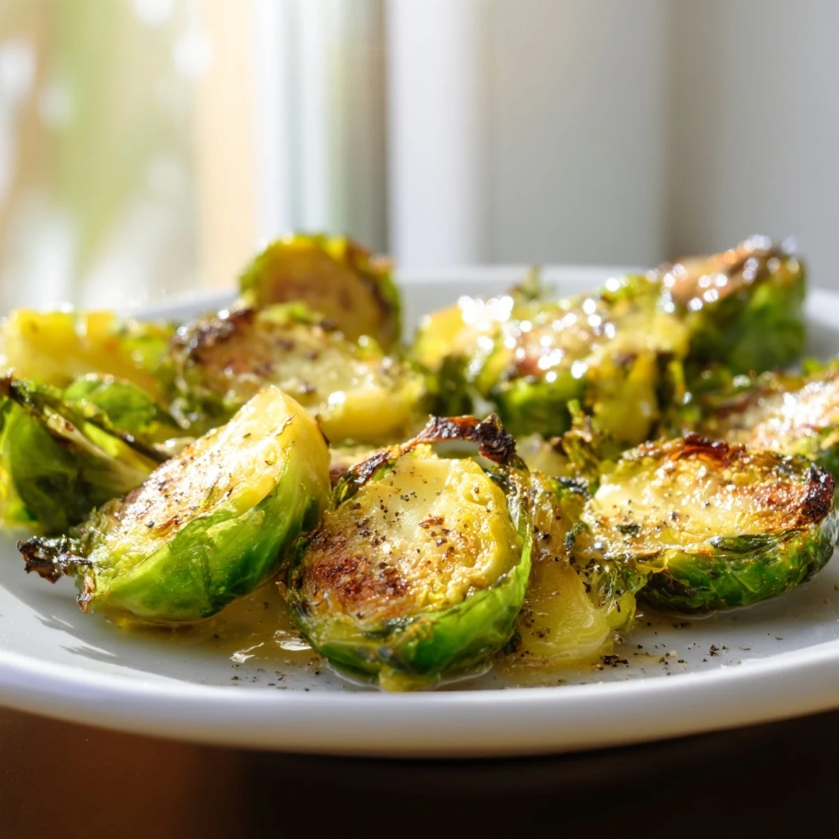 Crispy caramelized Brussels sprouts drizzled with honey and apple cider vinegar, ready to enjoy alongside a festive main course.
