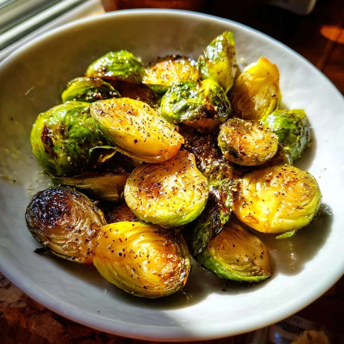 Roasted Brussels sprouts with honey and vinegar glaze, baked until tender with crisp edges and finished with fresh black pepper.