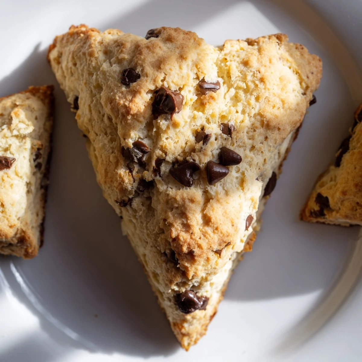 Golden-brown Chocolate Chip Scones fresh from the oven, with melted chocolate chips peeking out of the flaky, tender wedges.