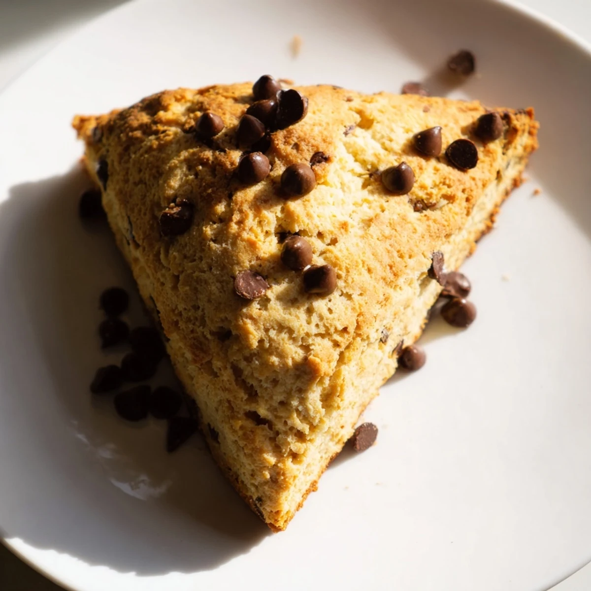 A close-up of a freshly baked Chocolate Chip Scone, sliced open to reveal a soft crumb and pockets of semi-sweet chocolate.