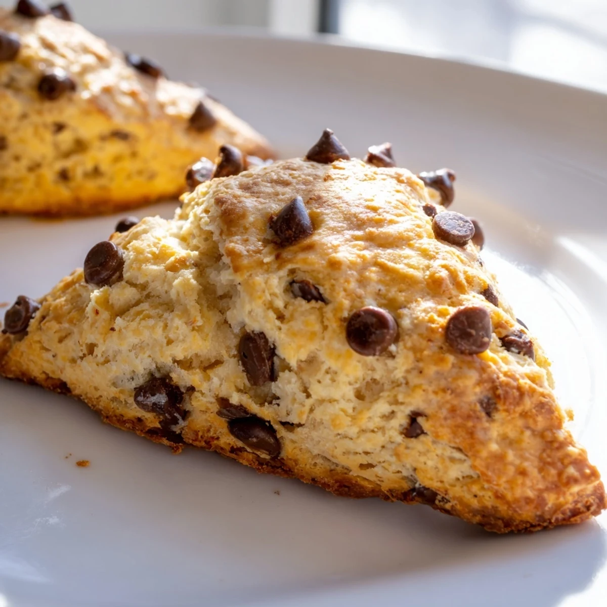 A rustic stack of warm Chocolate Chip Scones on a wooden board, ready for breakfast with butter and coffee.