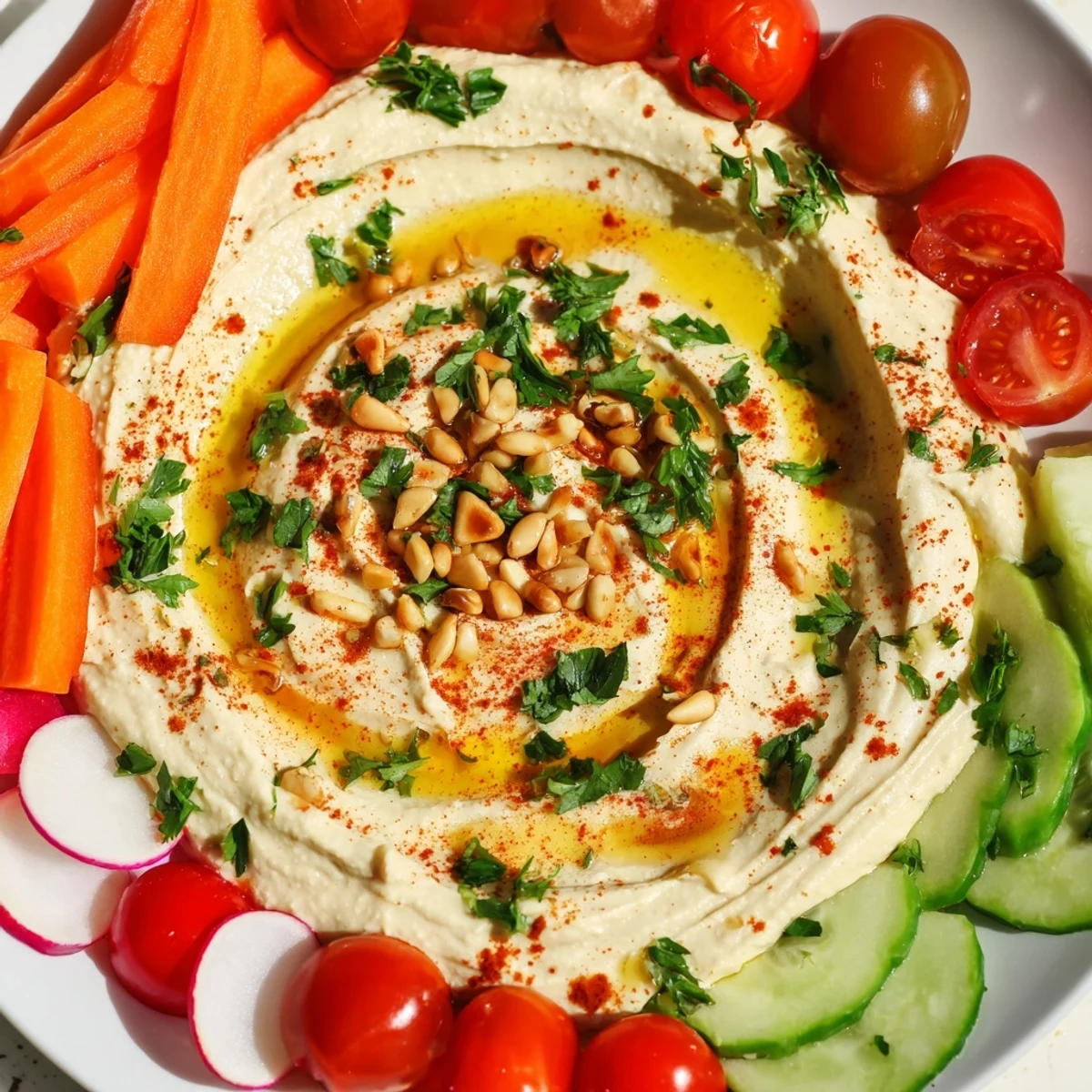 Creamy hummus with fresh veggies on a platter, perfect for a halftime snack.