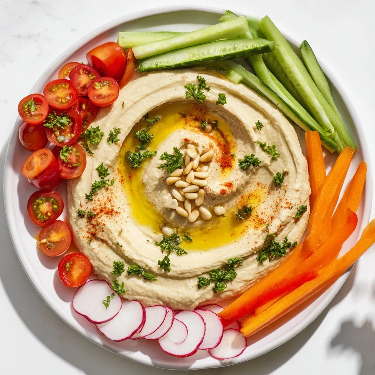 Vibrant hummus platter with crunchy vegetables for dipping at a game day party.