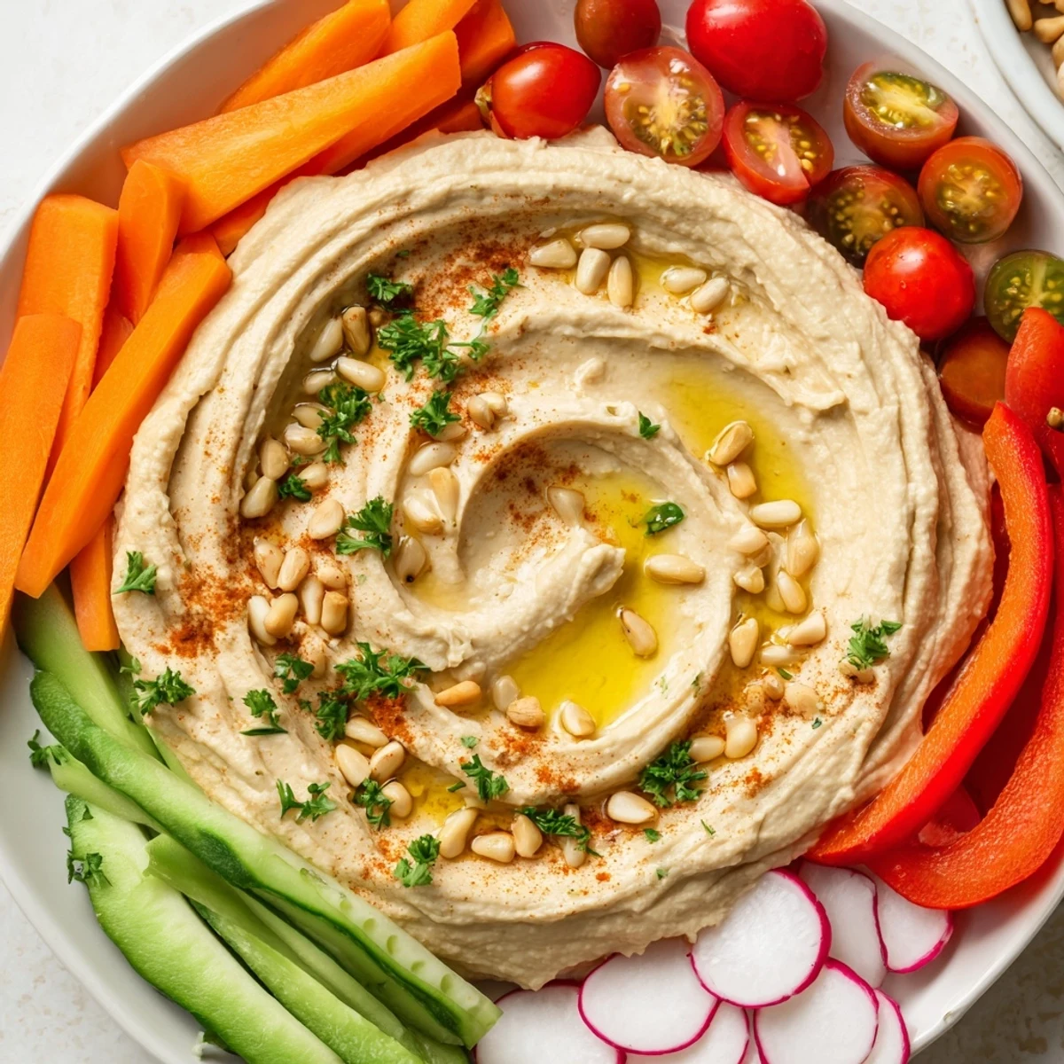 A colorful medley of hummus and veggies arranged on a serving board.
