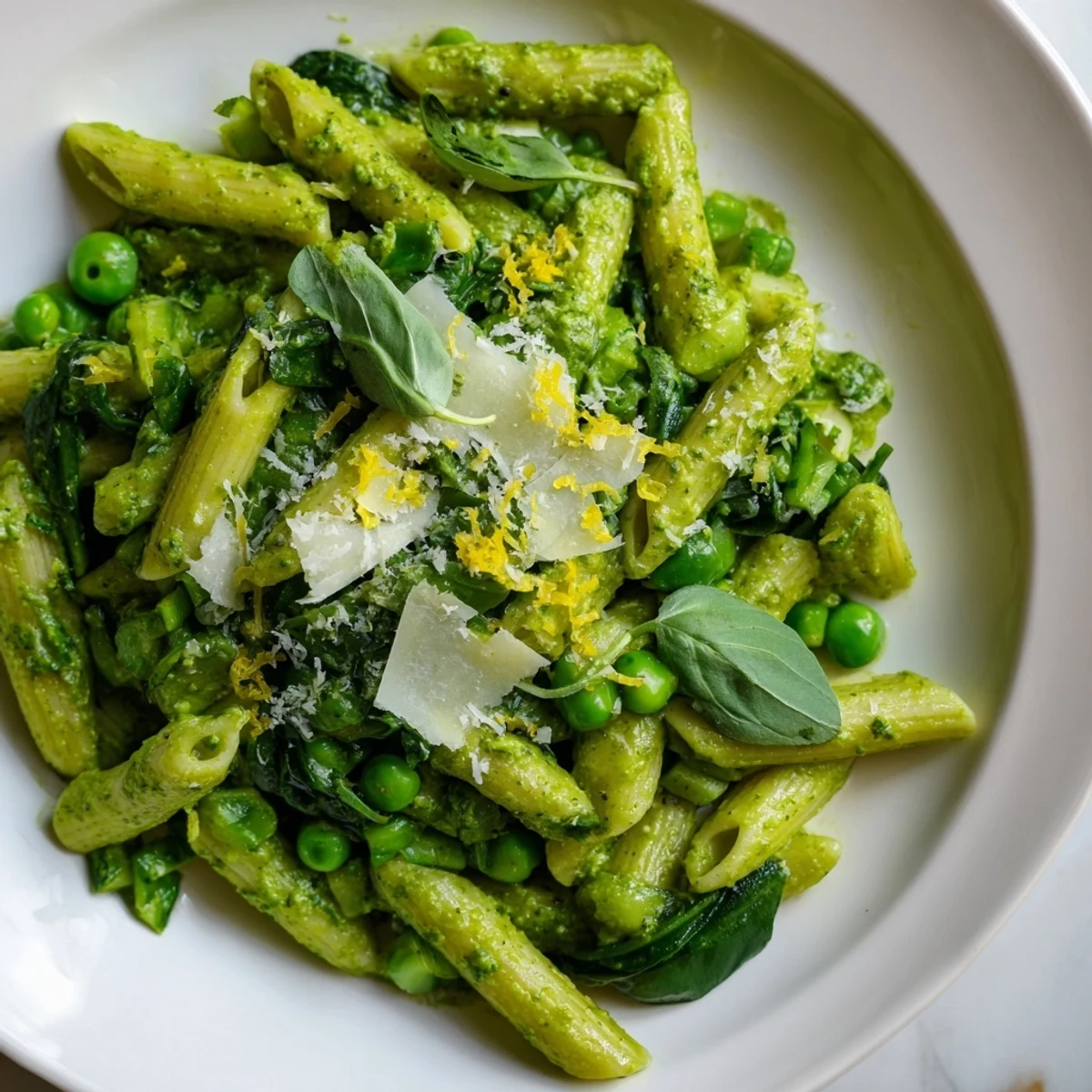 A close-up of vibrant St. Patricks Day Pesto Pasta with basil, peas, and zucchini on a white plate.  
