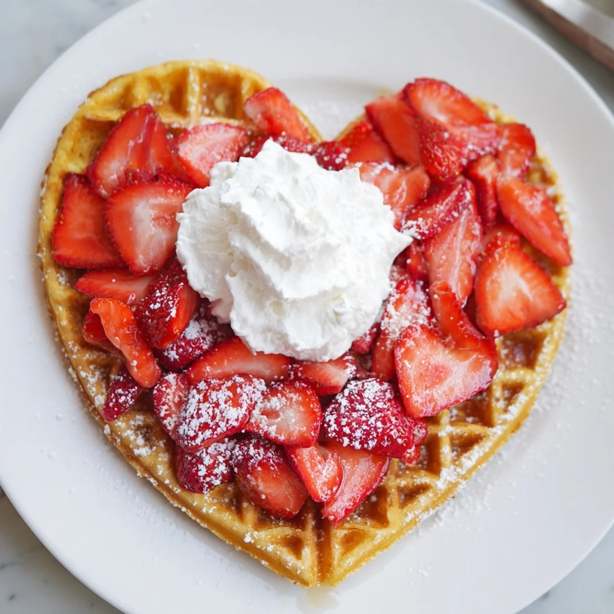 Golden-brown Heart Shaped Waffles with Strawberries topped with fresh sliced berries and soft whipped cream.
