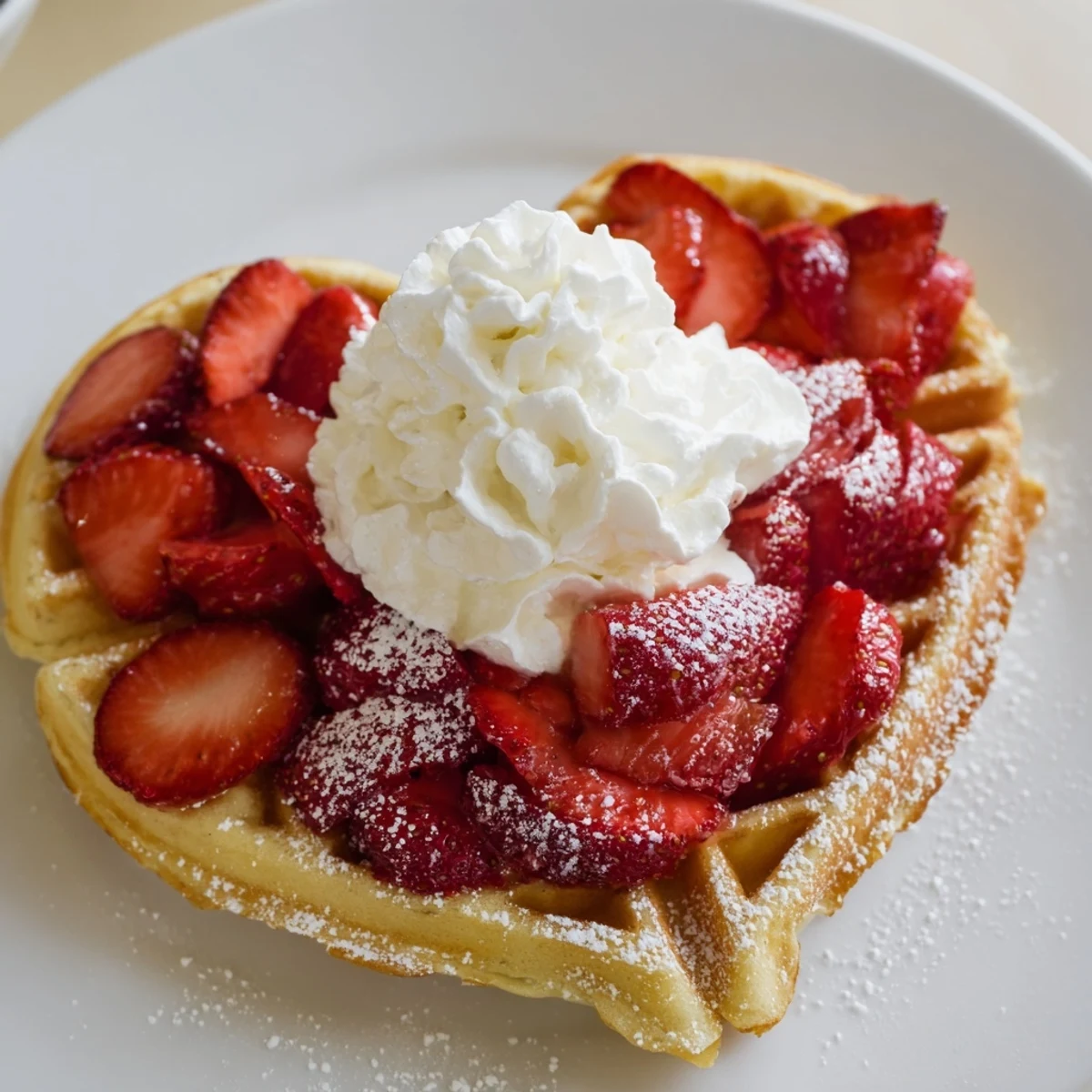 Stack of Heart Shaped Waffles with Strawberries served warm on a rustic plate with sweet juice.