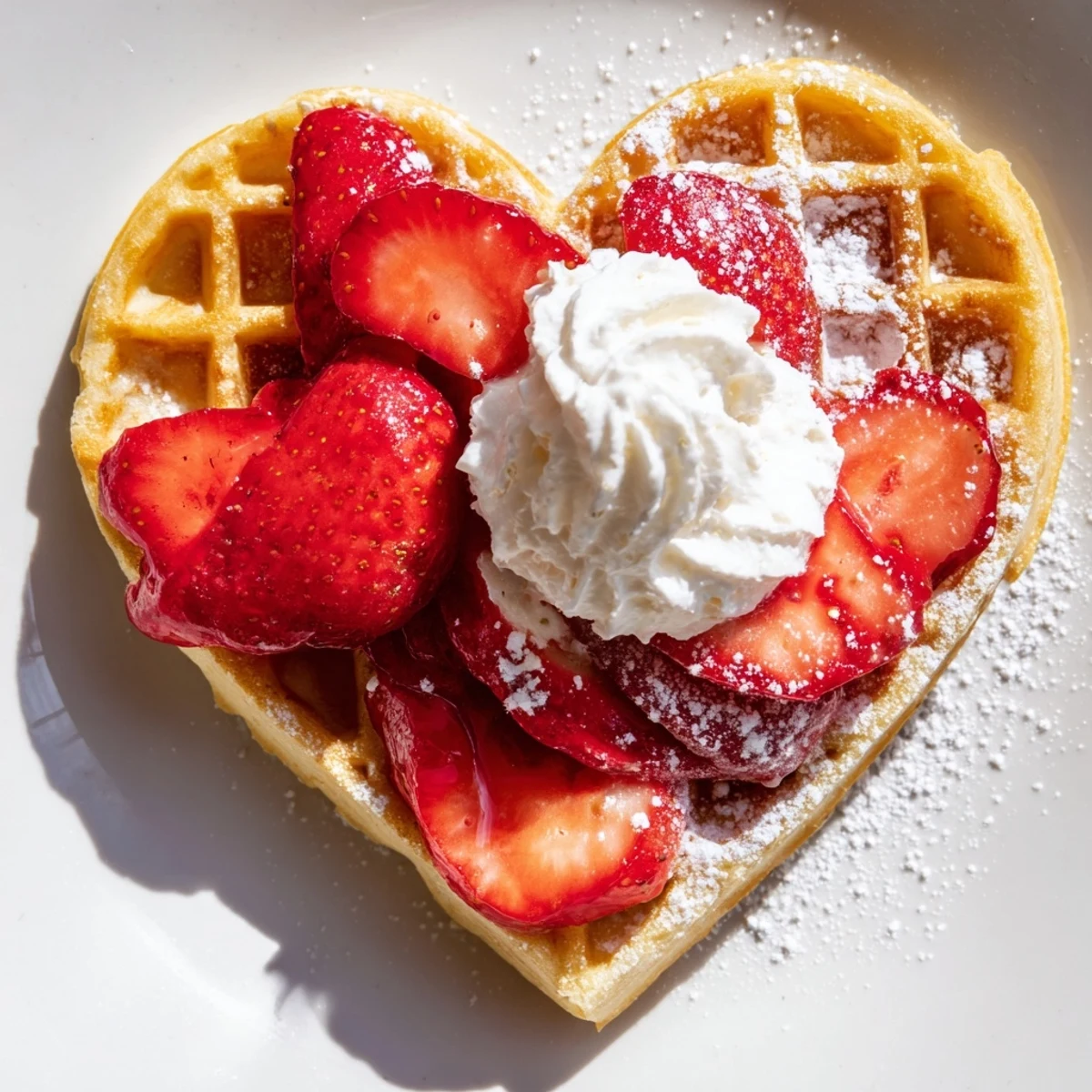 Freshly cooked Heart Shaped Waffles with Strawberries and fluffy whipped cream, ideal for a romantic brunch.