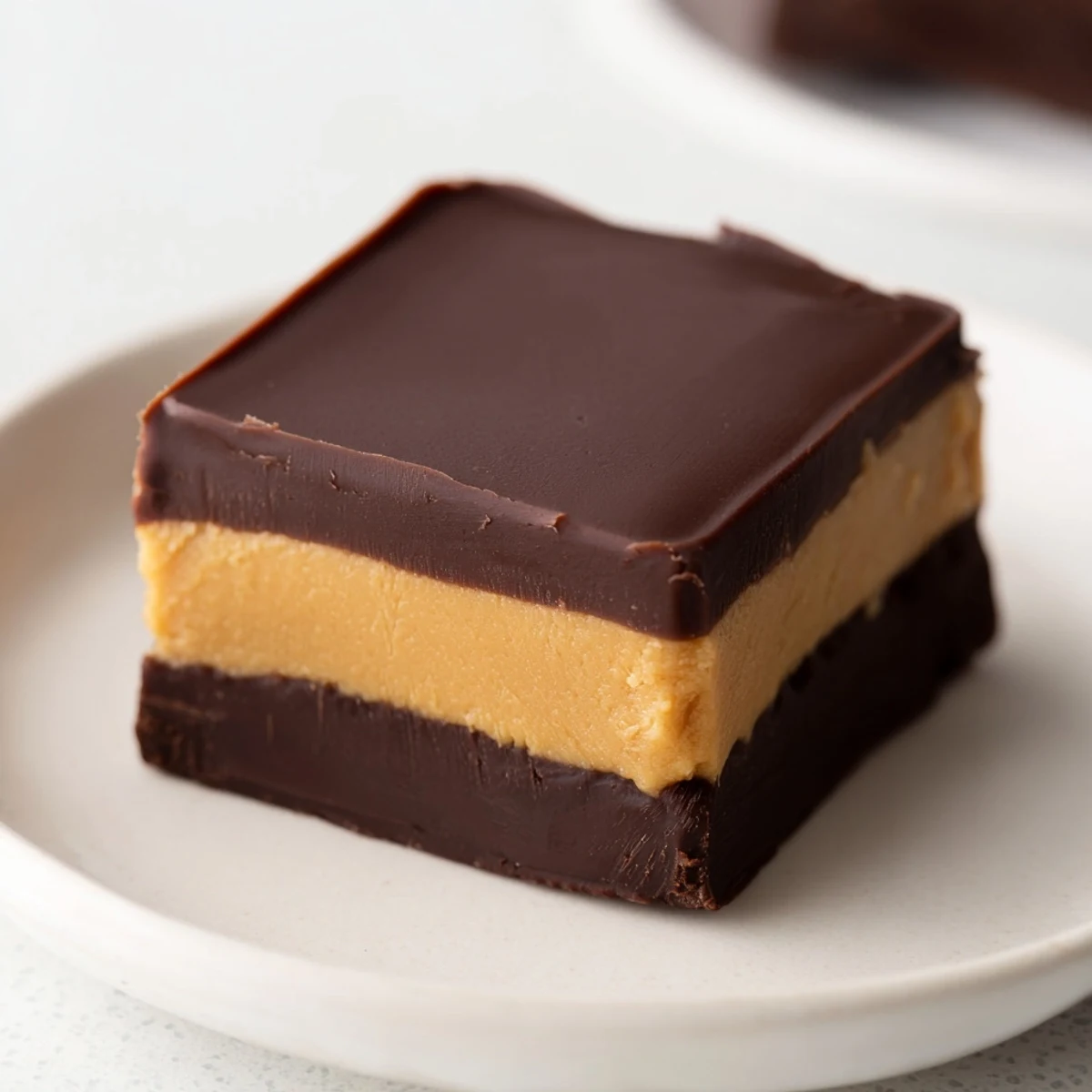 A close-up view of a bite-sized Chocolate Peanut Butter Fudge Square revealing rich layers and a fudgy texture.