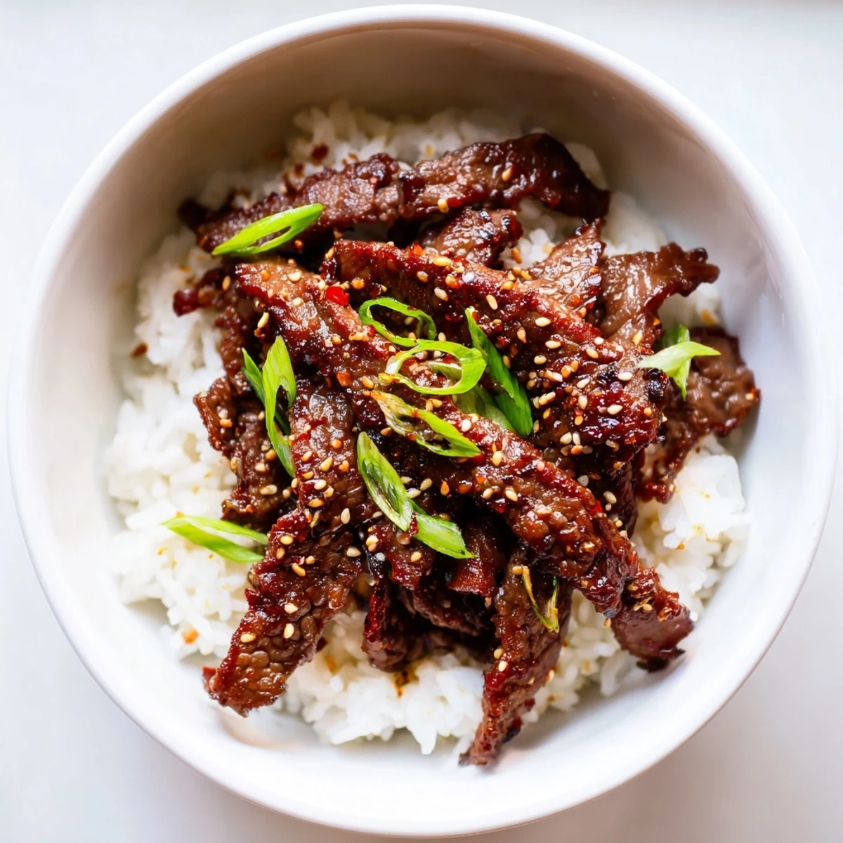 Fluffy steamed rice topped with spicy marinated beef, crisp julienned carrots, and sesame seeds in this Spicy Korean Beef Bowl.