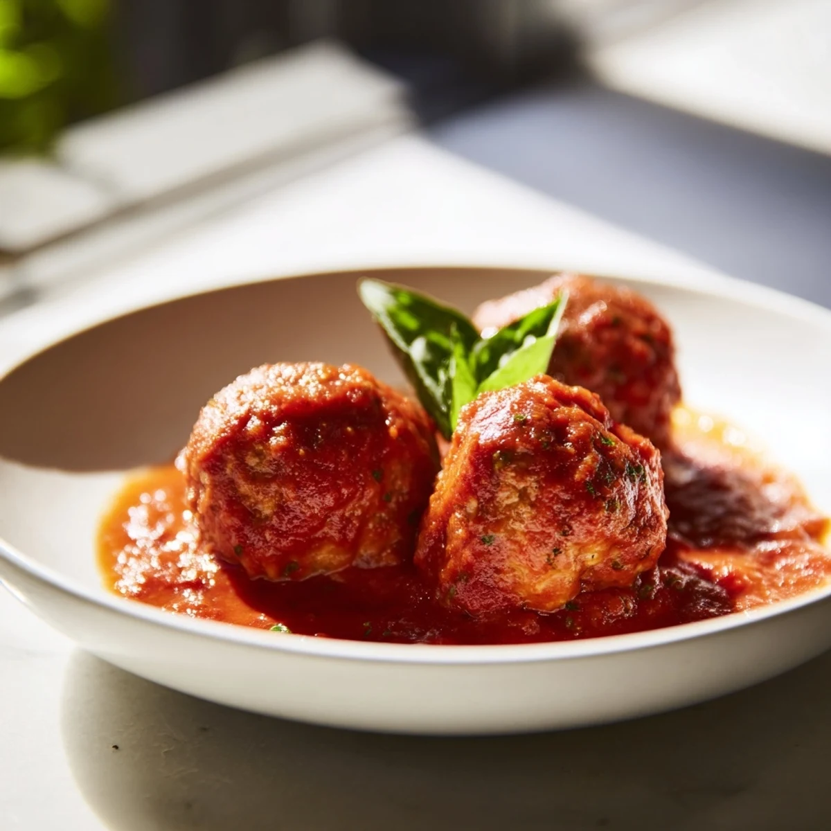 Golden-brown turkey meatballs nestled in a rich, garlicky marinara sauce, served over a bed of spaghetti with fresh basil garnish.