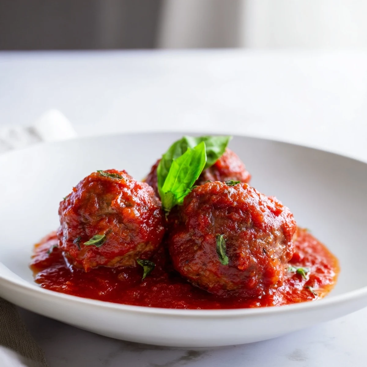 Savory turkey meatballs simmering in a chunky red tomato sauce, releasing steam beside a rustic loaf of crusty Italian bread.