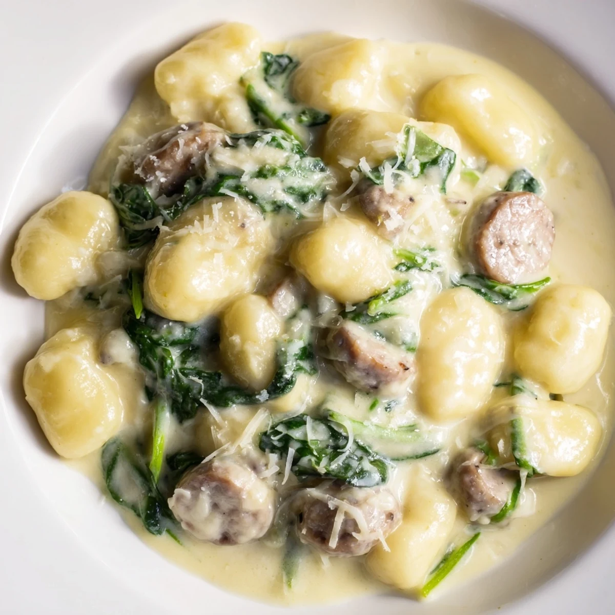 Steaming plate of creamy gnocchi with halal sausage and spinach, garnished with black pepper.