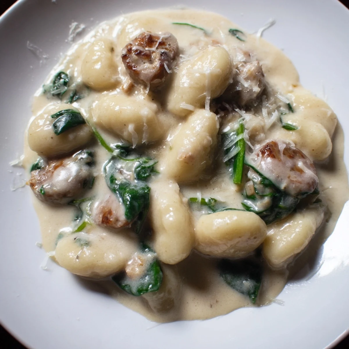 Pillowy gnocchi and savory halal sausage swirl in a creamy spinach sauce, ready to serve.