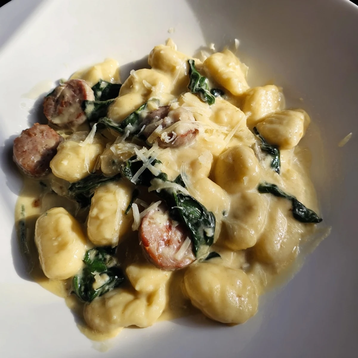 Wilted spinach and rich Parmesan sauce coat gnocchi and halal sausage on a dinner plate.