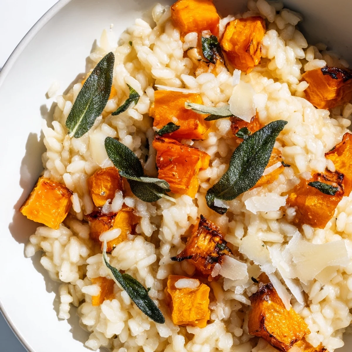 Golden cubes of roasted winter squash are folded into creamy Winter Squash Risotto with Sage and Parmesan, garnished with fresh sage leaves.