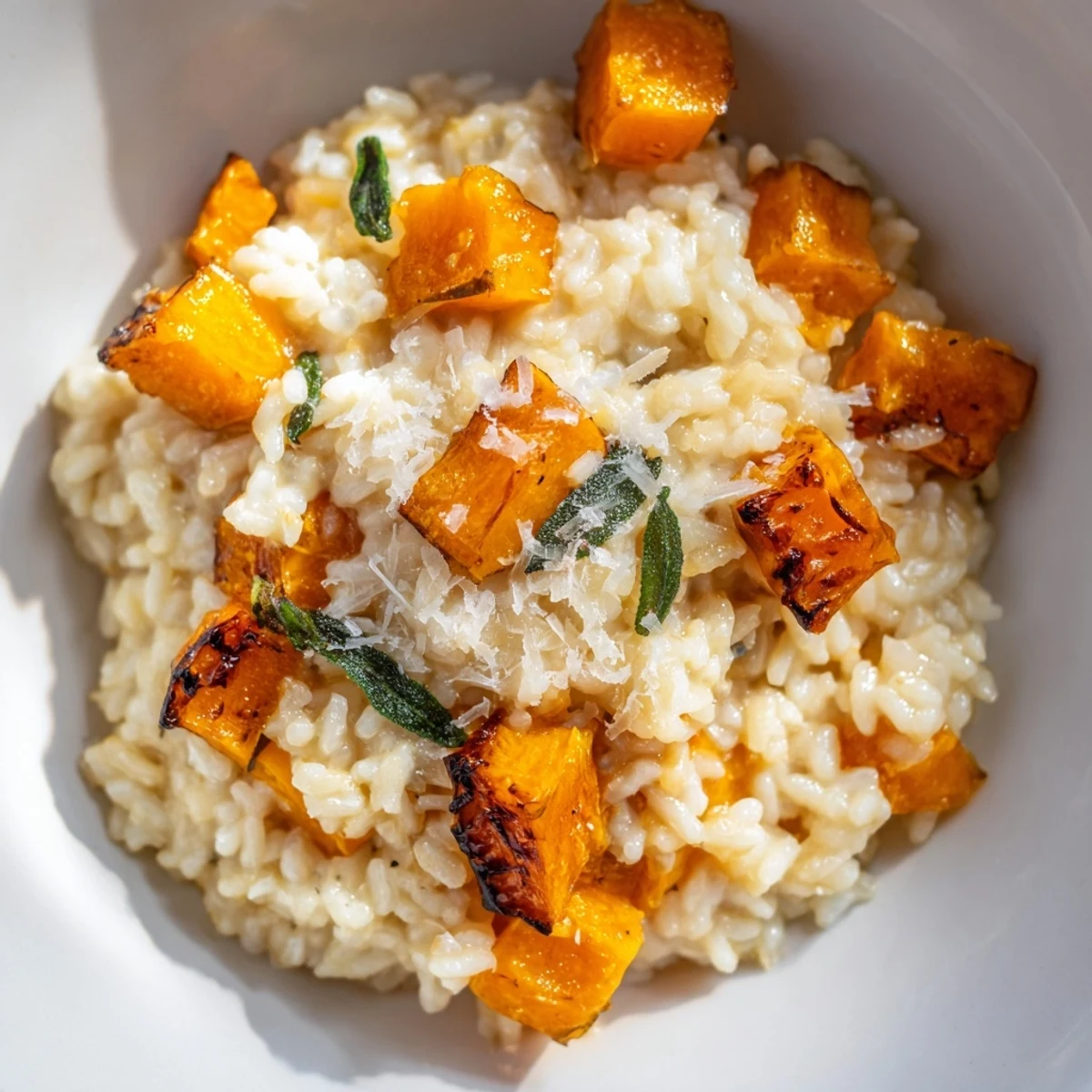 Creamy Winter Squash Risotto with Sage and Parmesan is served steaming in a rustic bowl, ready for a cozy vegetarian dinner.
