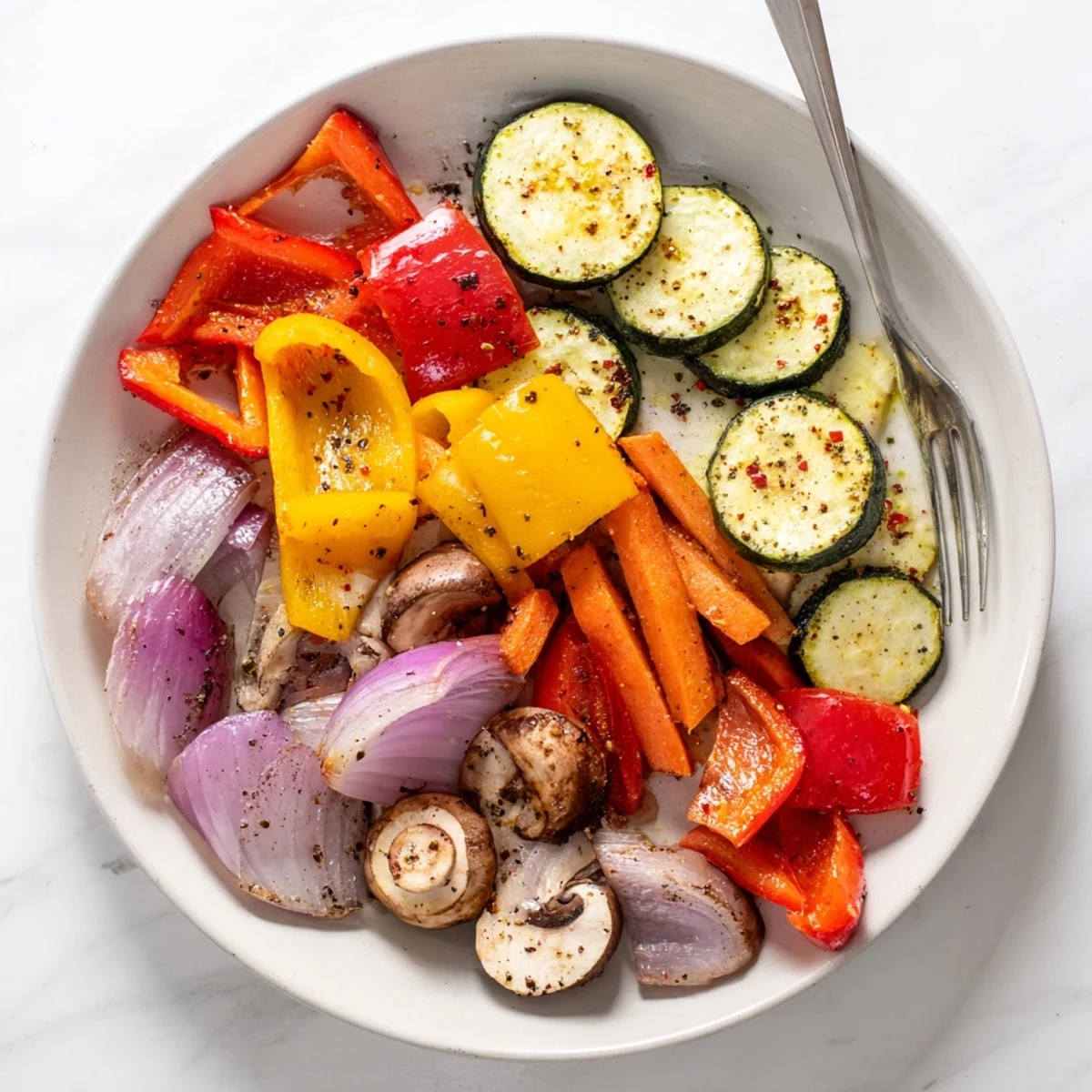 Colorful roasted veggies with Italian seasoning arranged on a baking sheet, caramelized edges and aromatic herbs visible, perfect as a healthy vegetarian side dish.