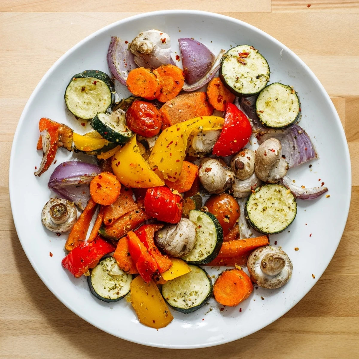 Vibrant medley of roasted veggies with Italian herbs, a gluten-free and vegan side dish, showcasing tender carrots, mushrooms, and onions roasted to perfection.