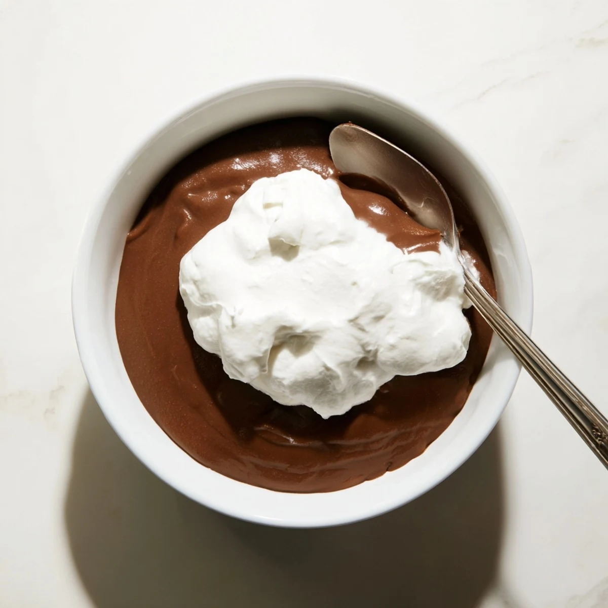 Easy homemade chocolate pudding topped with billowy whipped cream, perfect for a sweet treat.  