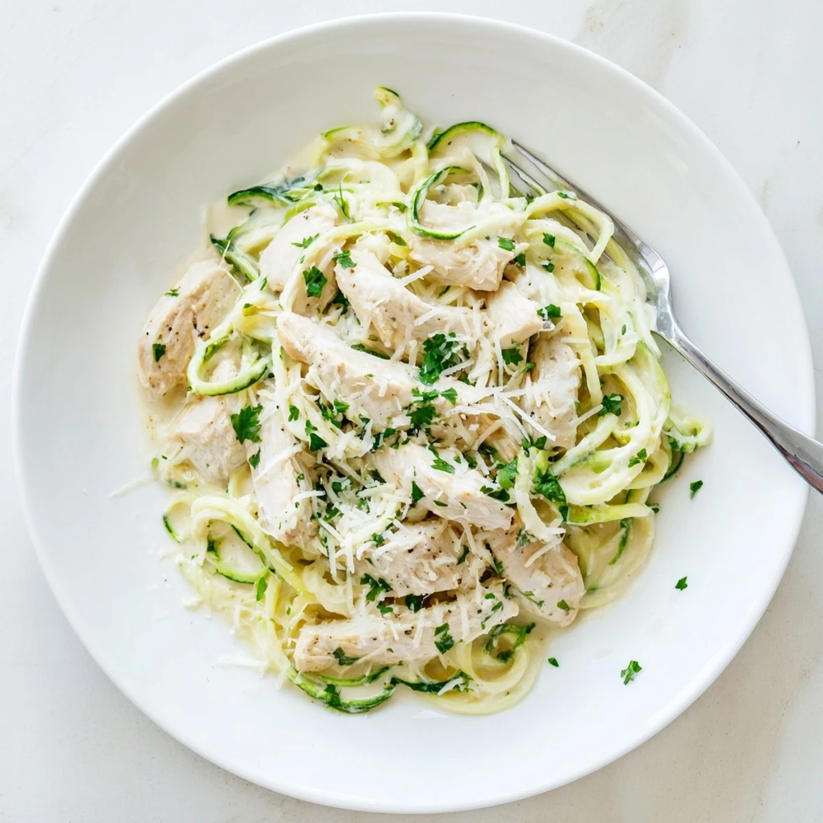Golden-brown sliced chicken breast and vibrant spiralized zucchini noodles coated in a rich, creamy Parmesan Alfredo sauce, garnished with fresh parsley.  