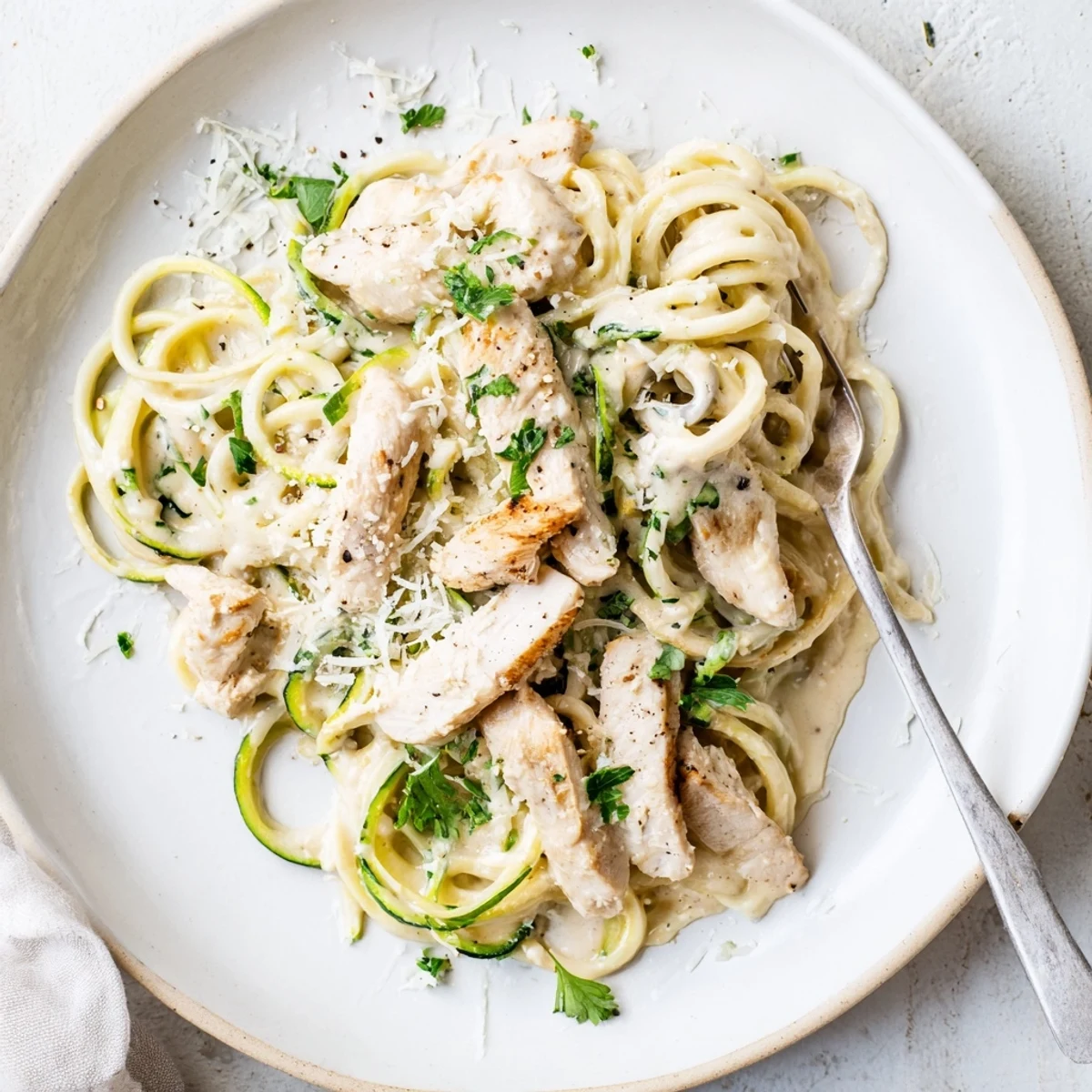 Tender chicken slices and crisp zucchini noodles tossed in a velvety white cream sauce, served hot and ready to enjoy.  