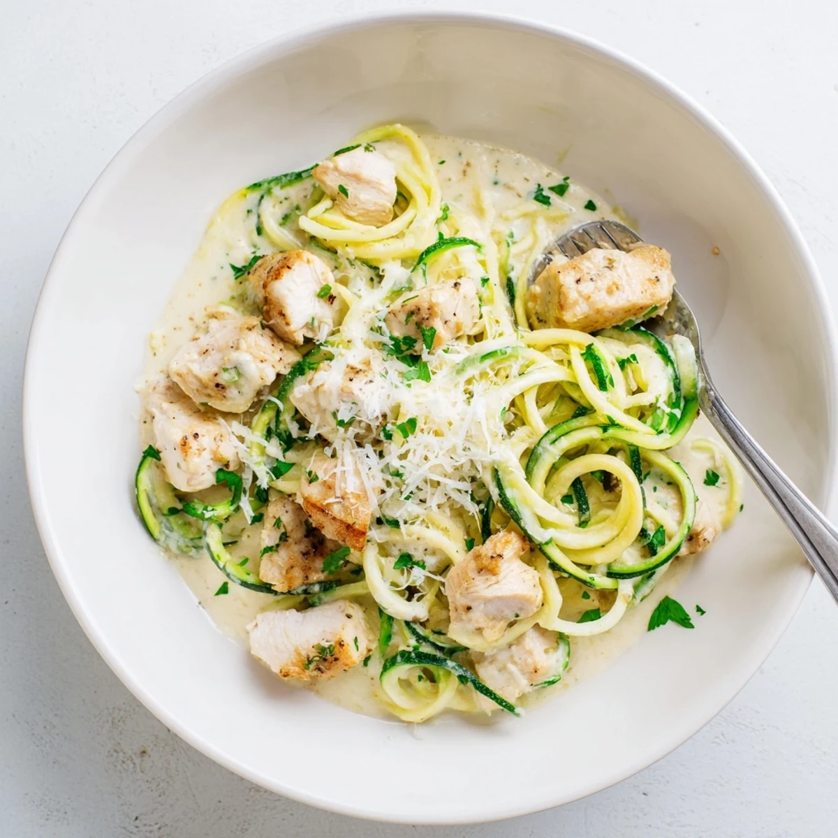 Low-carb Chicken Alfredo with zucchini noodles features golden chicken and spiralized vegetables in a savory, cheesy sauce.