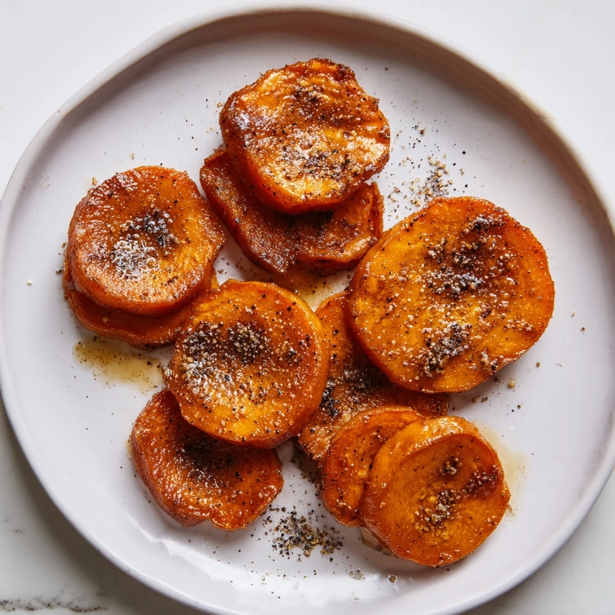 Close-up of sweet potato rounds with cinnamon, drizzled with maple syrup and fresh parsley garnish.  