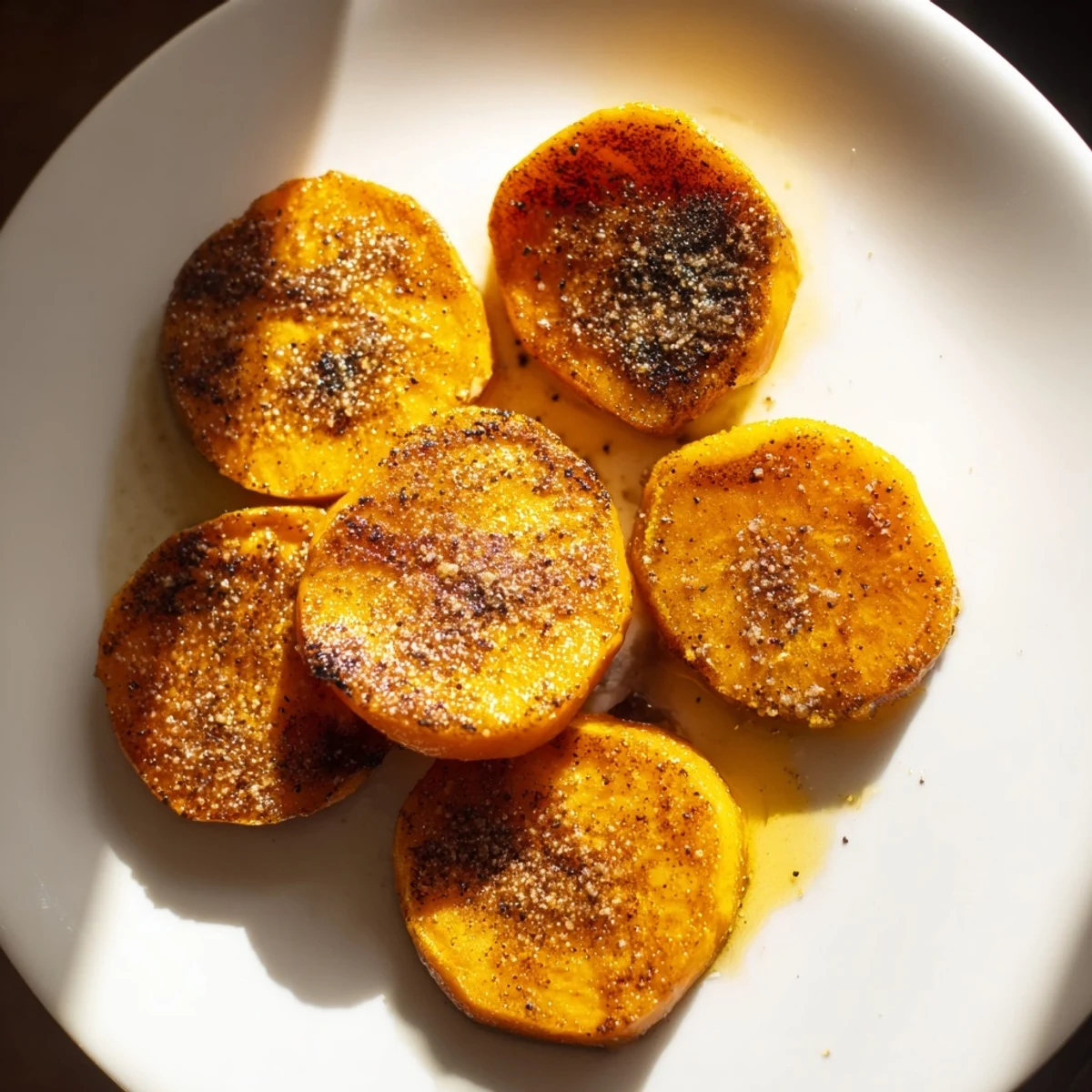 Golden-brown crispy sweet potatoes with cinnamon, roasted to caramelized perfection on a parchment-lined tray.  