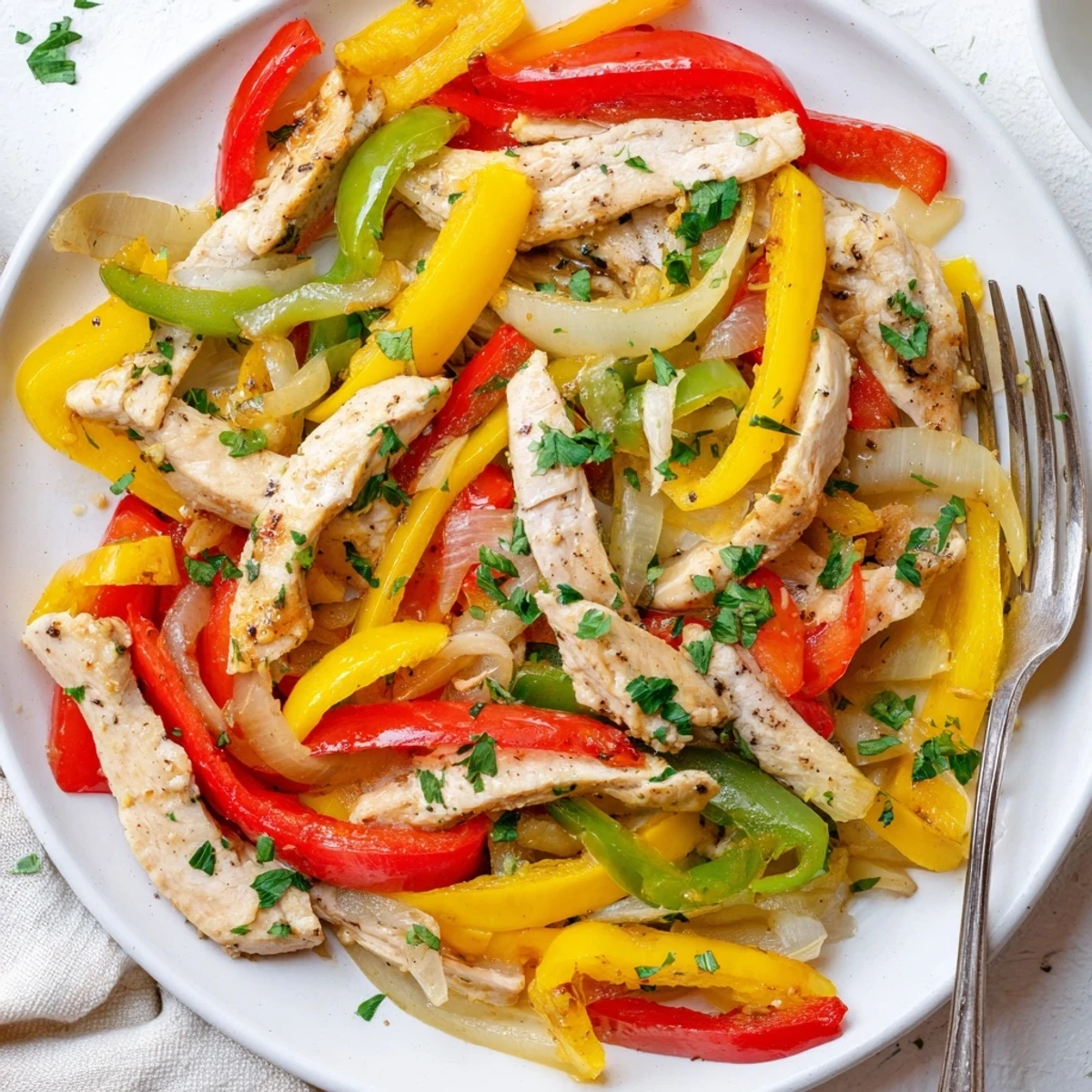 Colorful bell peppers and onions sautéed with tender turkey in a skillet, finished with fresh parsley and lemon.