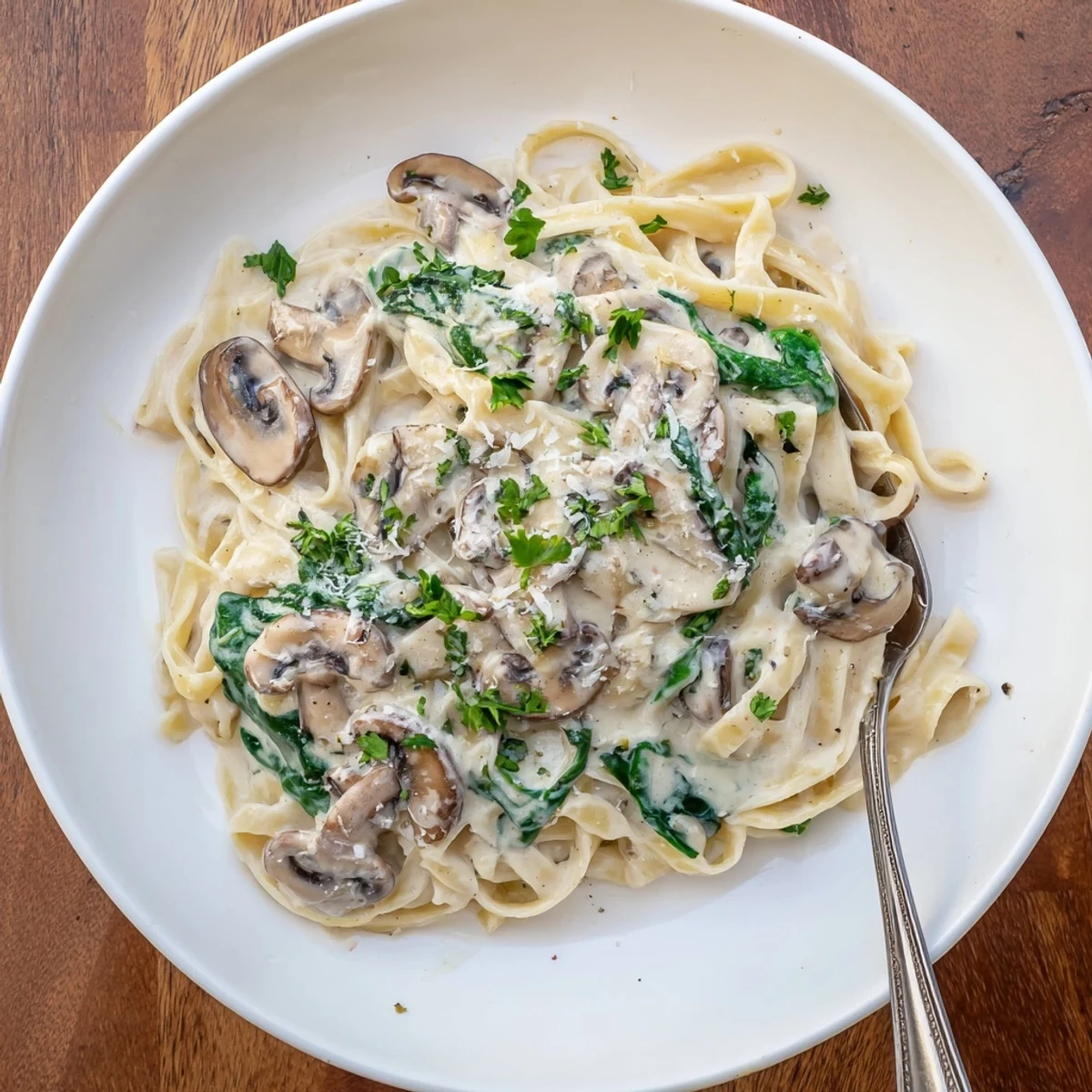 A close-up of Creamy Mushroom and Spinach Pasta on a white plate, garnished with parsley and Parmesan.