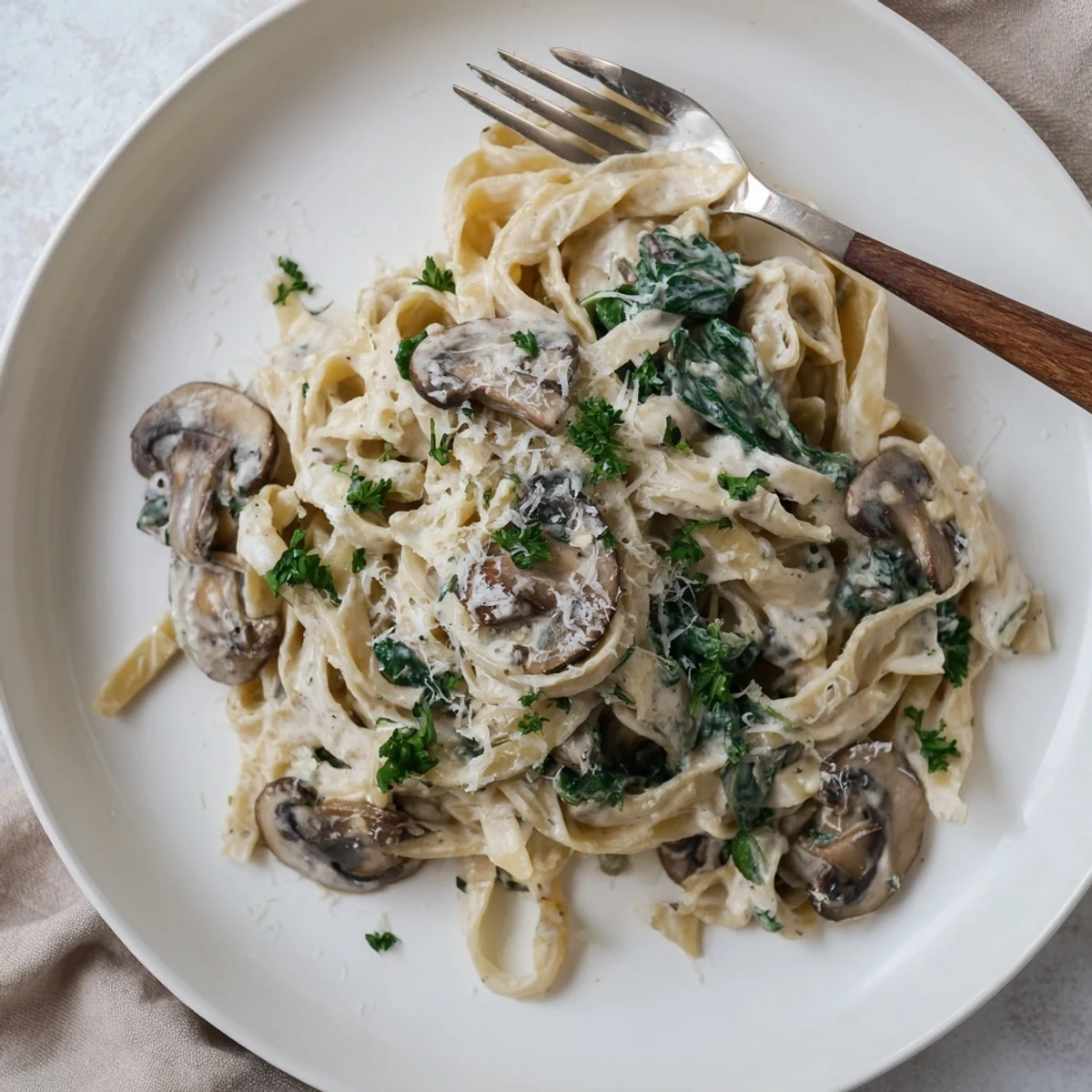 A skillet of Creamy Mushroom and Spinach Pasta ready to serve, with mushrooms glistening in garlic cream sauce.
