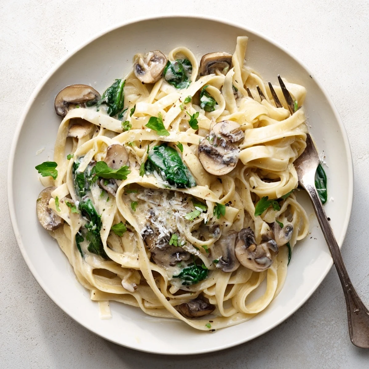 The finished Creamy Mushroom and Spinach Pasta twirled on a fork, showing creamy sauce and wilted greens.