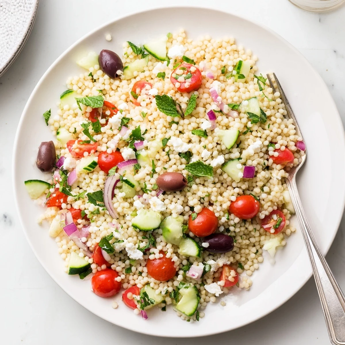 Vibrant Mediterranean Couscous Salad with Vegetables in a white bowl, topped with feta and fresh herbs for a light lunch.  
