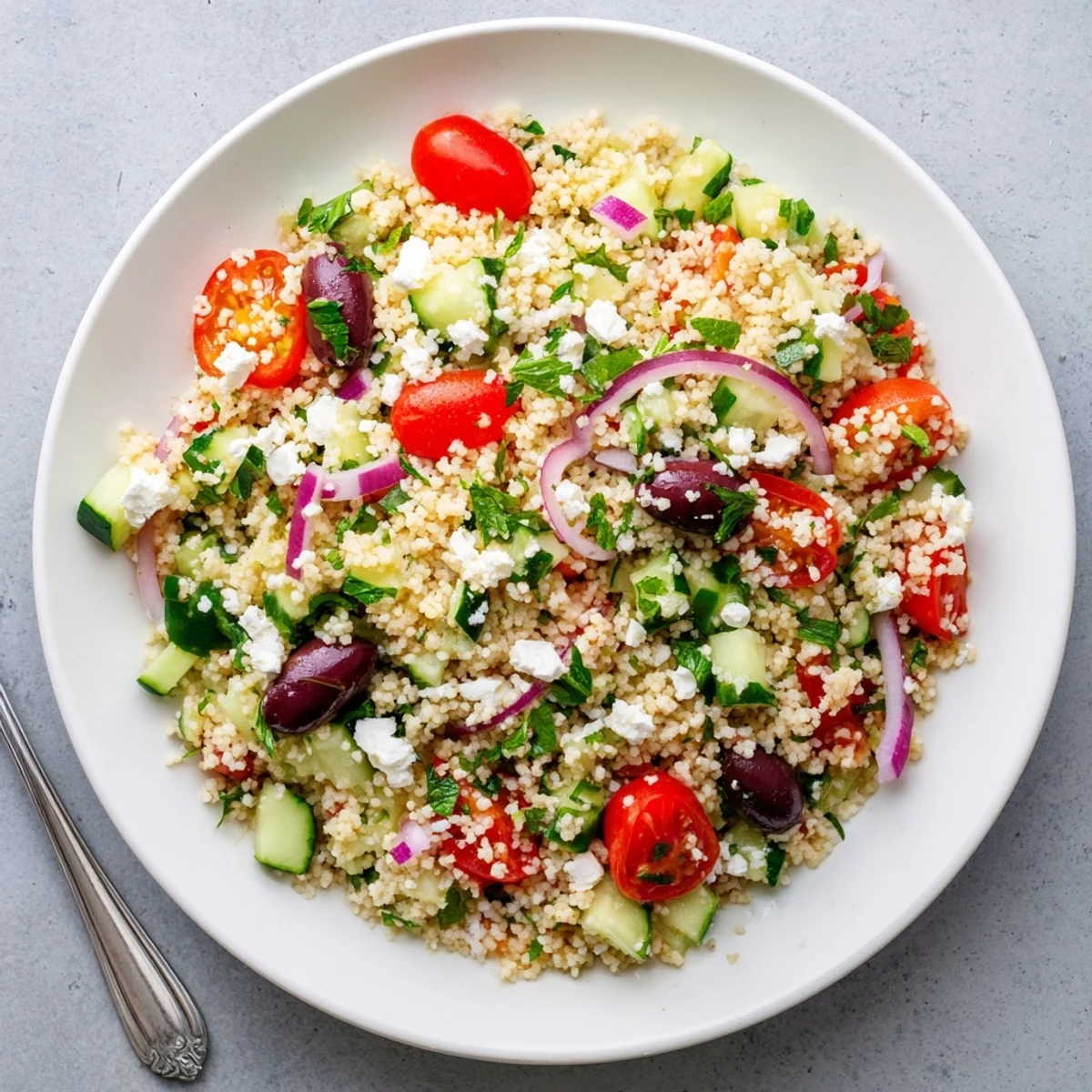 Close-up of Mediterranean Couscous Salad with Vegetables, showcasing fluffy grains, crisp veggies, and crumbled feta cheese.