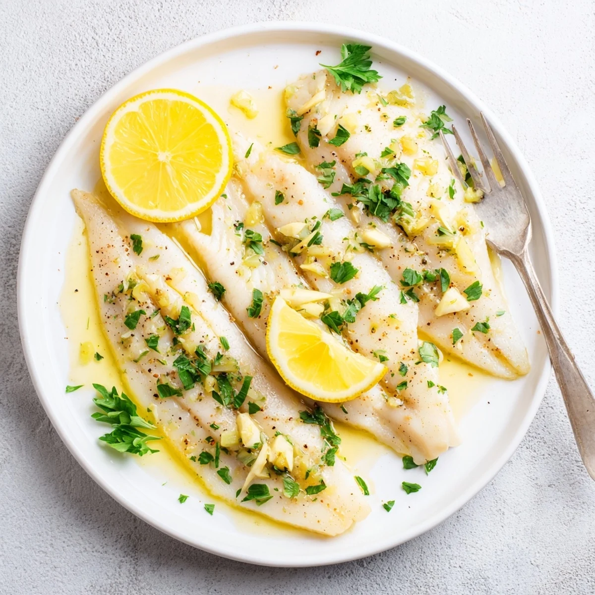 Tilapia fillets topped with bright lemon butter sauce and fresh parsley, baked to flaky perfection on a plate.