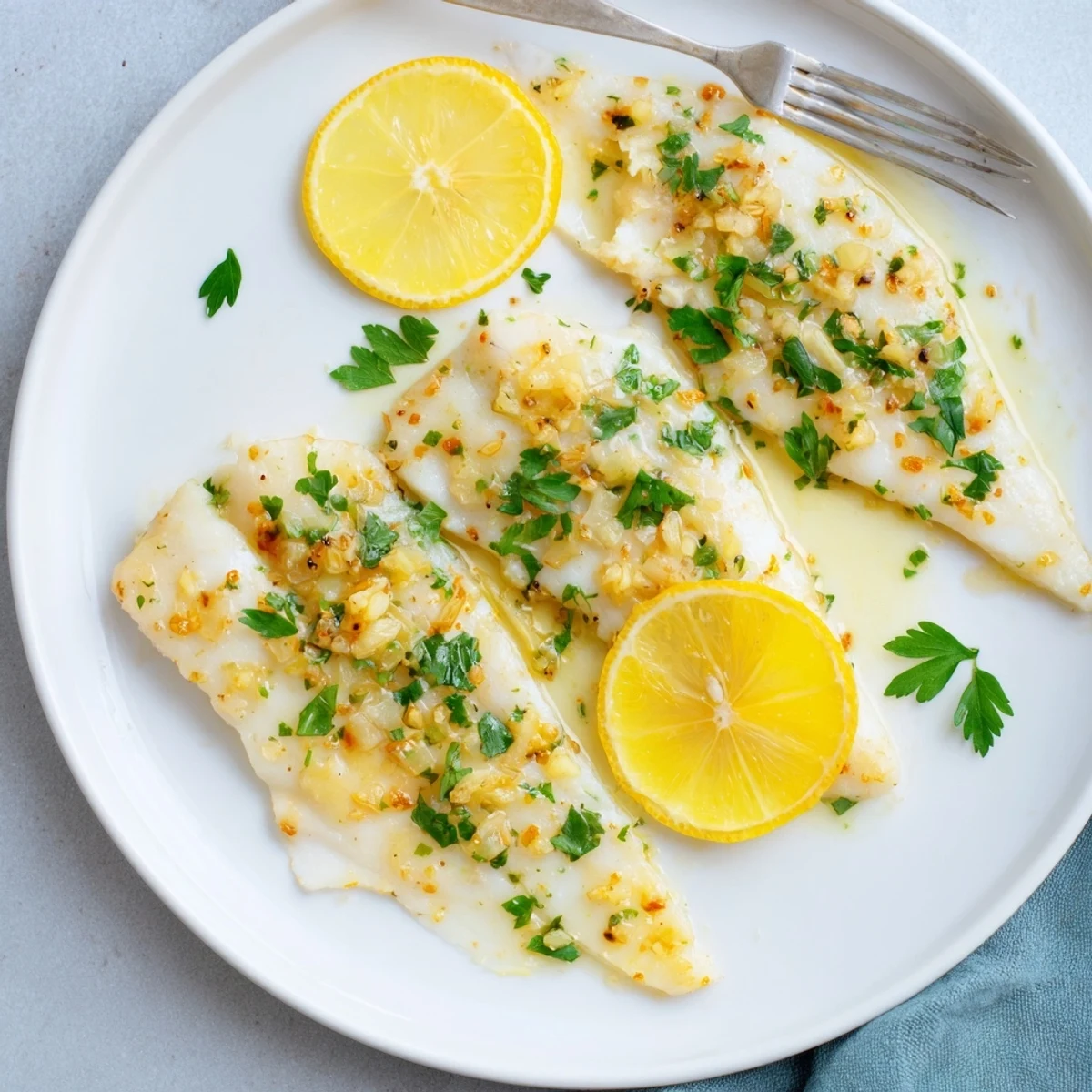 Golden-baked tilapia fillets with zesty lemon butter sauce and fresh parsley garnish, ready for a quick weeknight dinner.