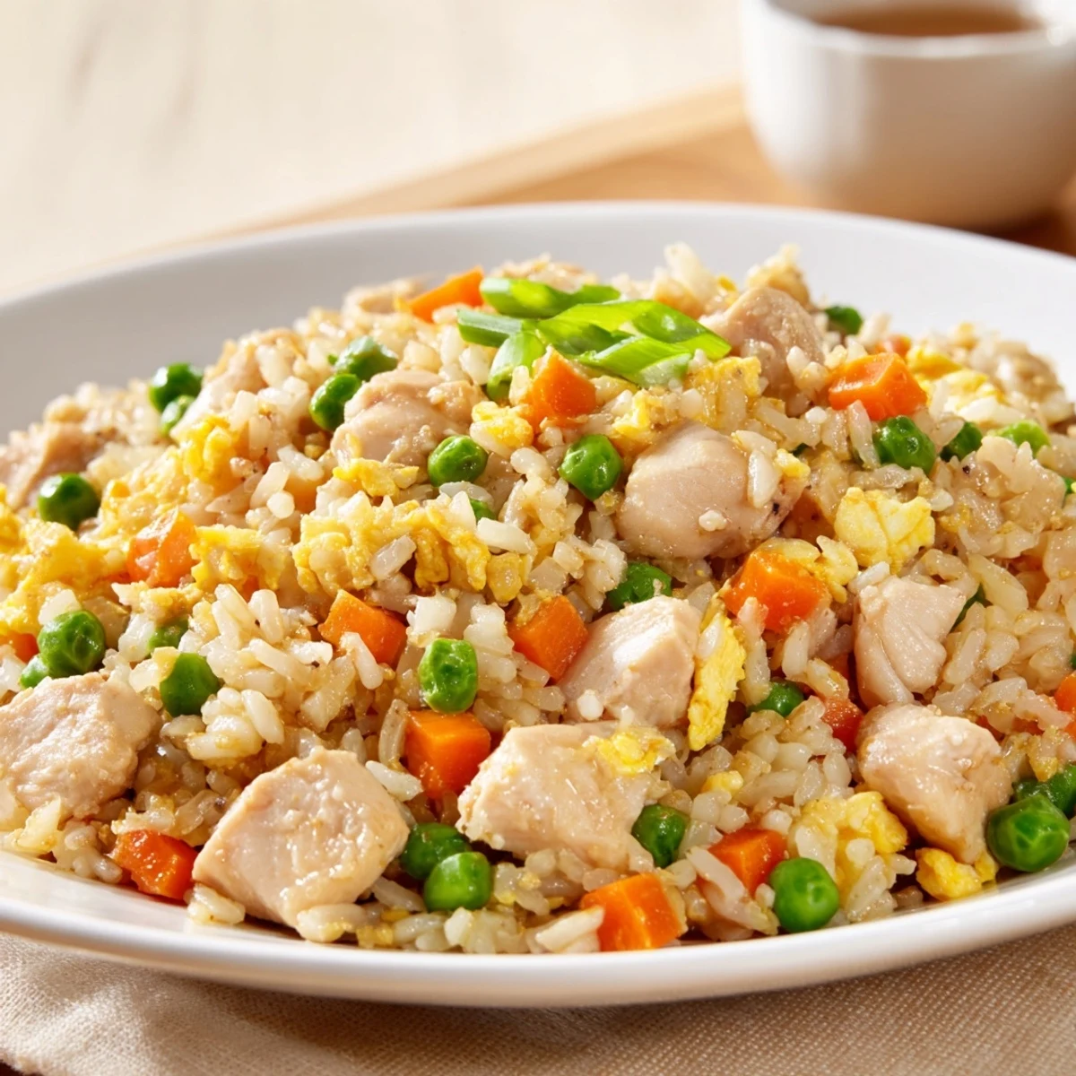 A close-up view of Chicken Fried Rice with Peas and Carrots, featuring golden-brown chicken pieces, fluffy white rice, and colorful diced vegetables in a savory stir-fry sauce.