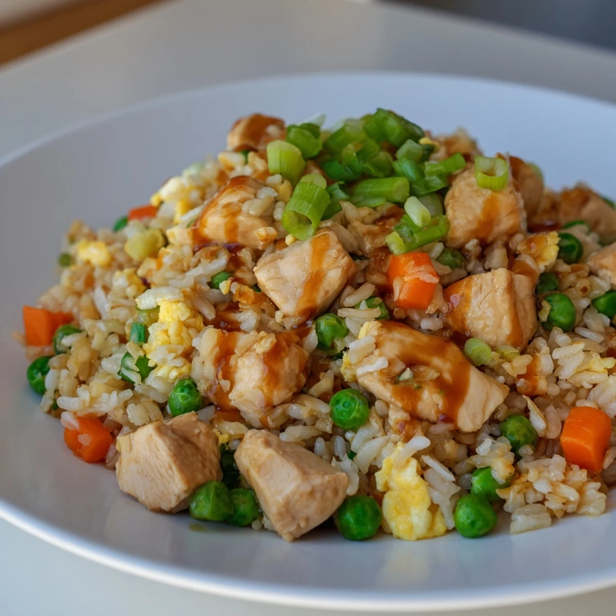 Sizzling Chicken Fried Rice with Peas and Carrots in a wok, showing tender chicken, vibrant orange carrots, and sweet green peas mixed into the aromatic rice.