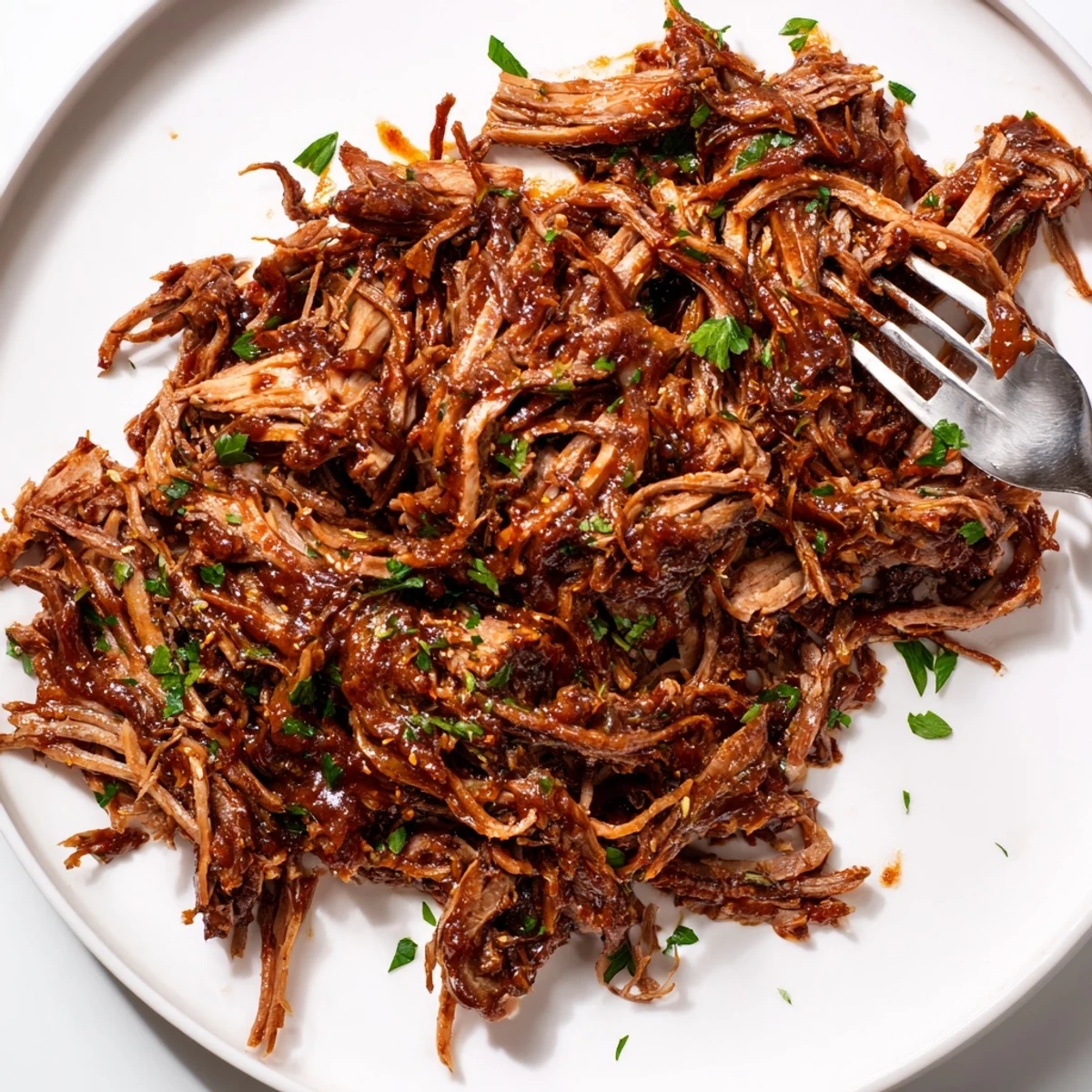 Tender shredded beef brisket slow-cooked in smoky BBQ sauce, garnished with fresh herbs for an easy family dinner.