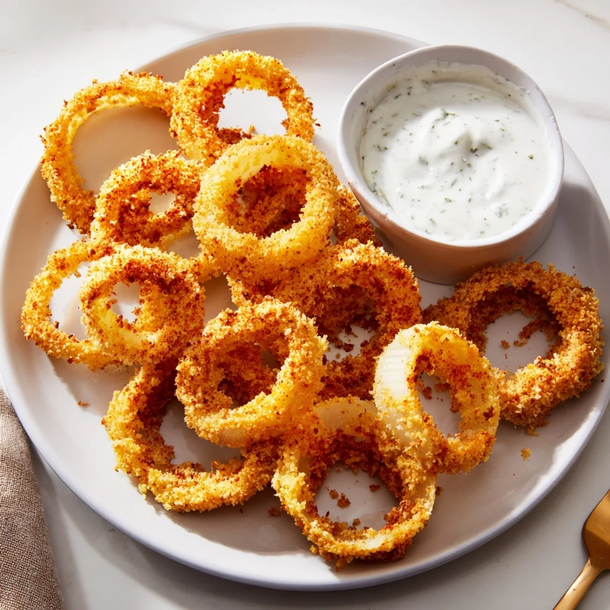 Golden-brown Crispy Baked Onion Rings with Ranch are arranged on a rustic platter, showcasing their crunchy panko coating and creamy dip.  